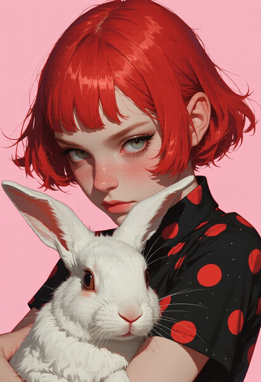 animaport of a woman with short red hair and a white rabbit,  against a soft pink background,  vibrant and bright on Tenso...