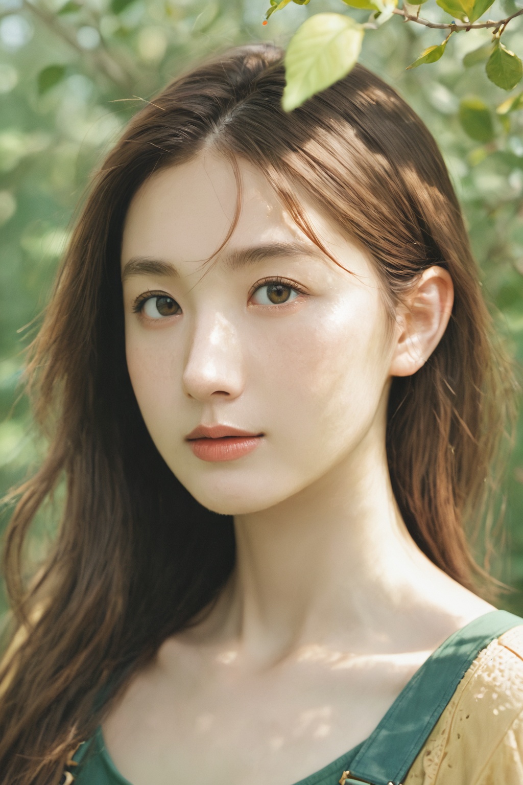 1girl,  The image shows a young woman with long,  wavy brown hair. She is wearing a green blouse with a collar and yellow...