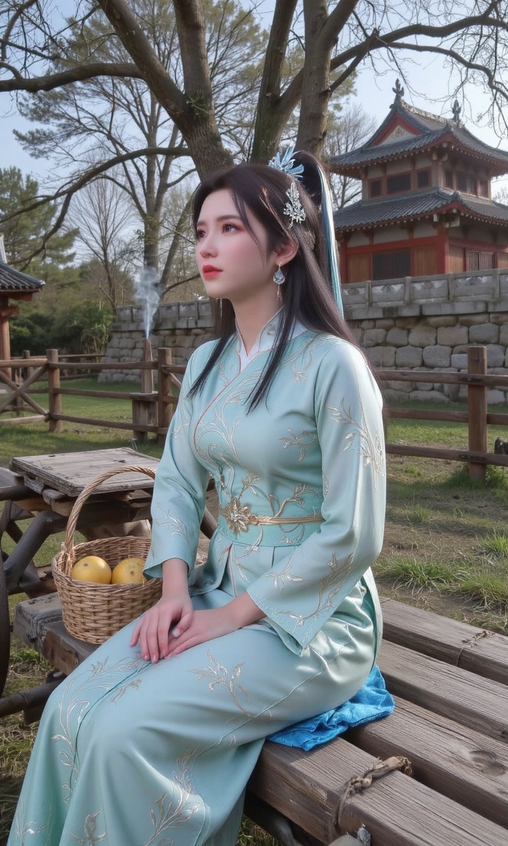 Side view portrait of young korean woman wearing headdress,  clads in mint green intricate pattern kimono,  long straight...