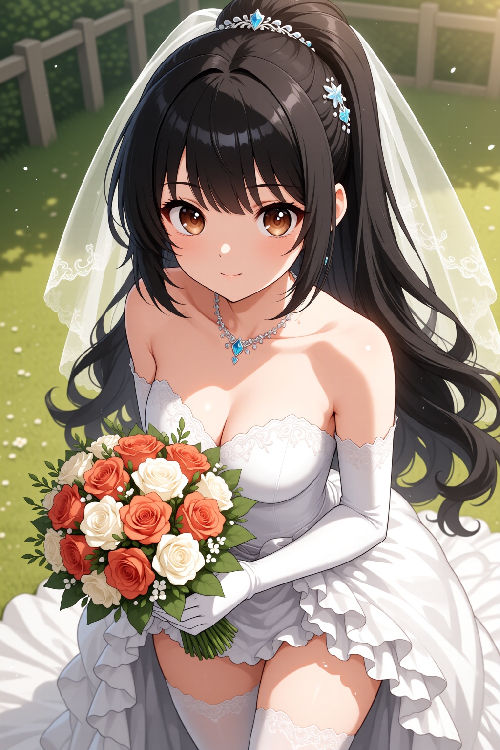 A photorealistic 1girl masterpiece in UHD 8K. StellarEve-Def with brown eyes and black,  very long hair styled in a ponyta...