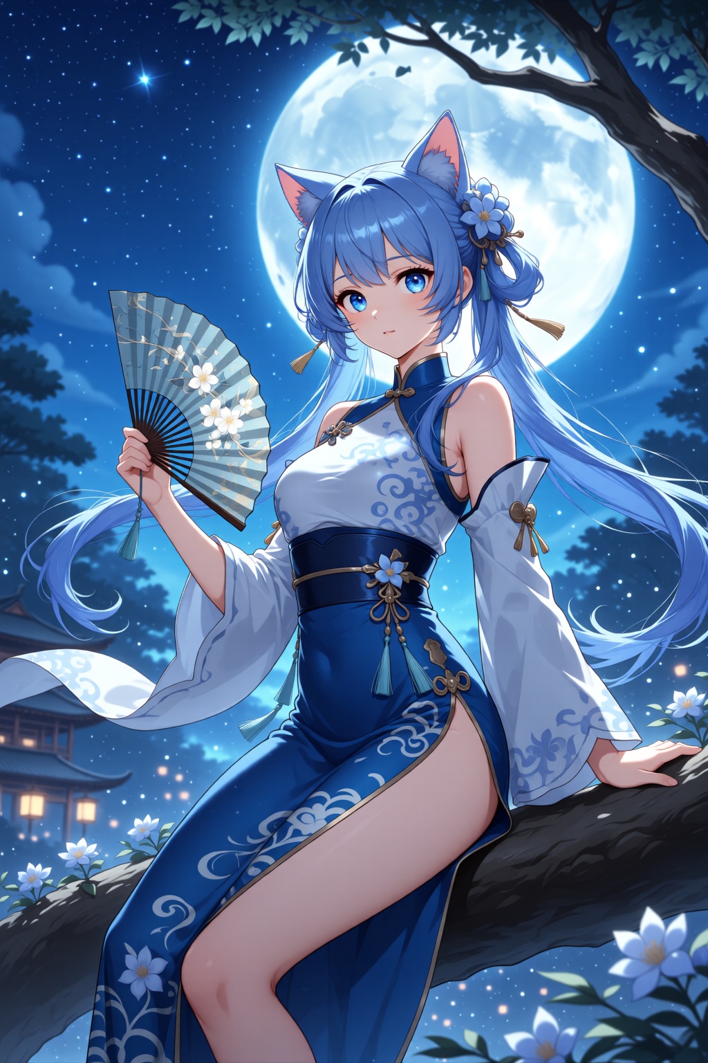 A masterpiece digital illustration of a girl with cat ears standing in a dynamic pose. She is wearing Chinese clothes (han...