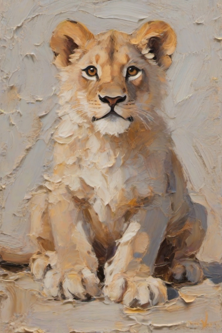 texture Scraper Oil Pain textured oil painting lion cub thick impasto three-dimensional warm browns tans expressive eyes g...