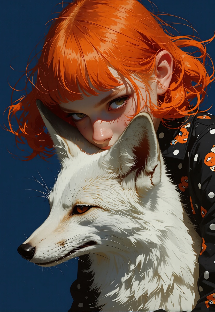 animaport of a woman with fiery orange hair and a sleek white fox,  set against a deep navy blue background,  mysterious a...