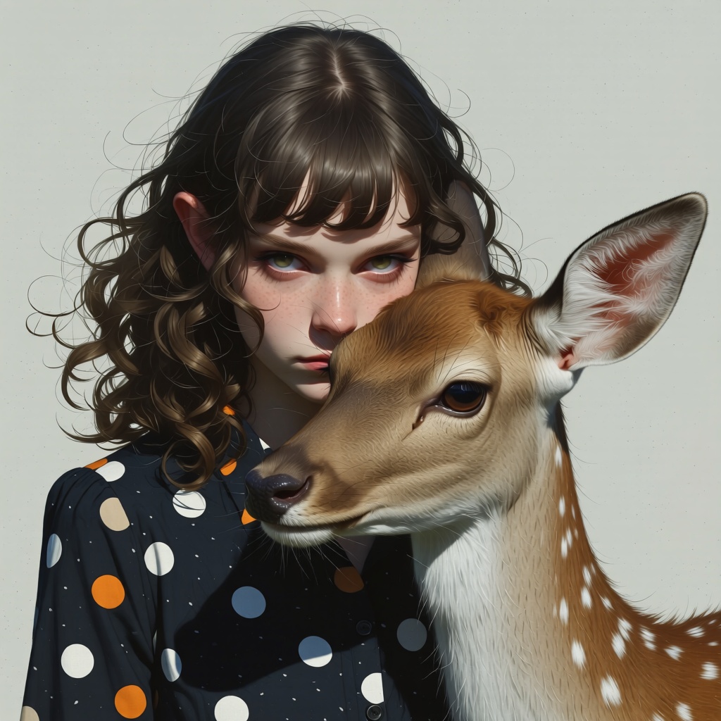 animaportrait of a woman with wavy dark hair and a gentle deer,  set against a light gray background,  peaceful and natura...