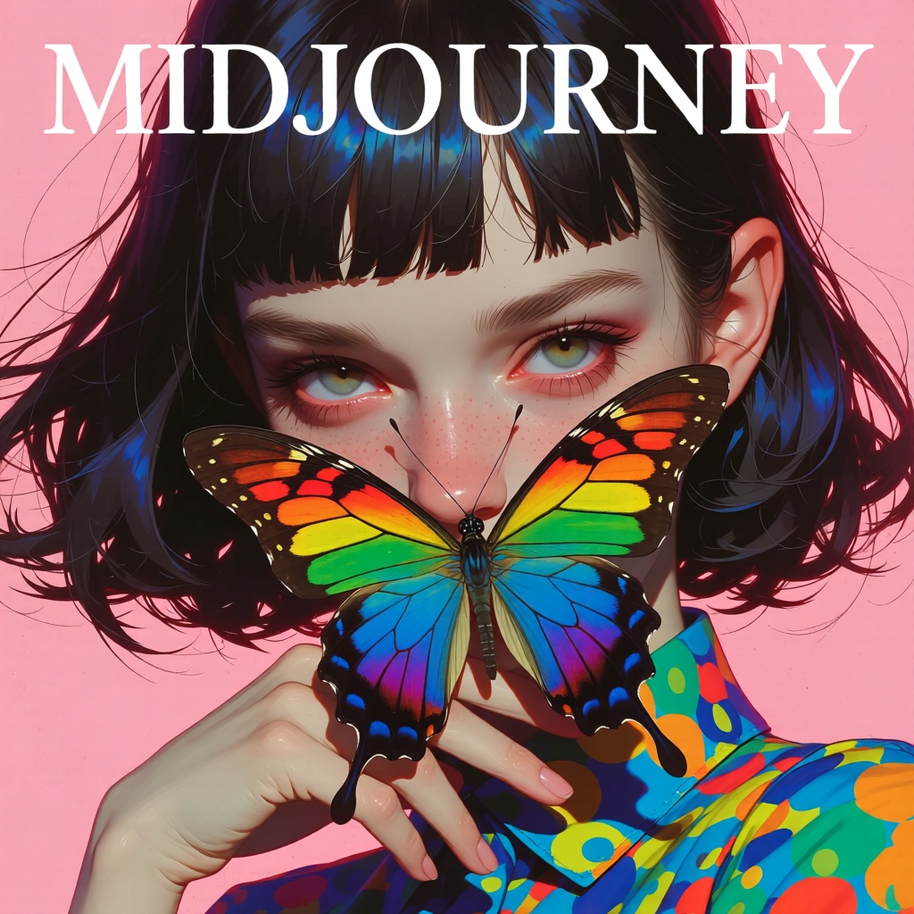 epic text that read "MIDJOURNEY" below her portrait,  animaport of a woman with wavy purple hair and a big rainbow colored...