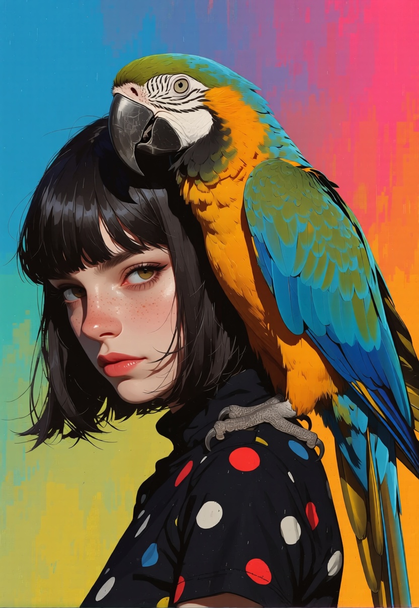 animaport of a woman with sleek black hair and a parrot perched on her shoulder,  against a gradient teal background,  vib...