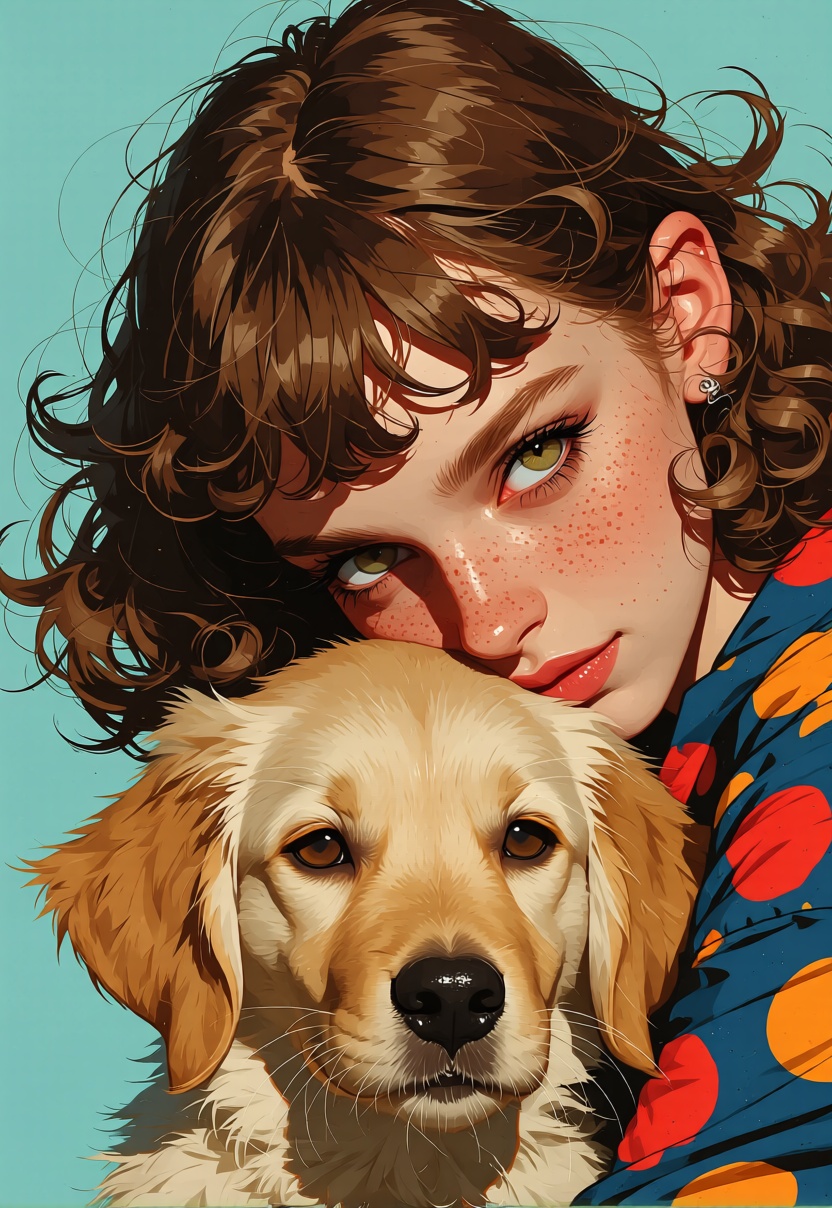 animaport of a woman with curly brown hair and a golden retriever puppy,  against a pale blue background,  vibrant and bri...