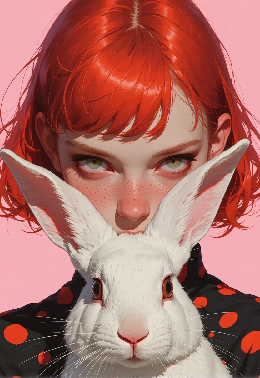 animaport of a woman with short red hair and a white rabbit,  against a soft pink background,  vibrant and bright on Tenso...
