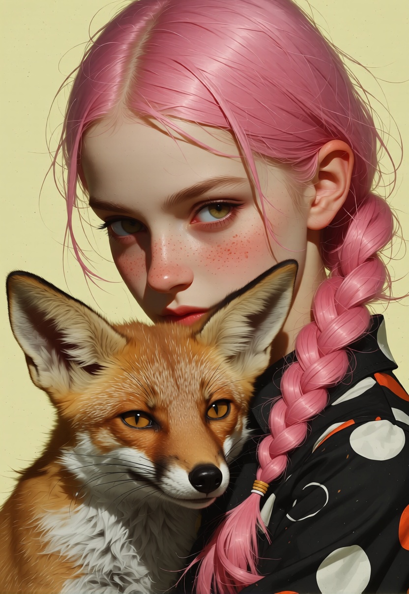 animaport of a woman with braided pink hair and a small fox,  against a light yellow background,  vibrant and bright on Te...