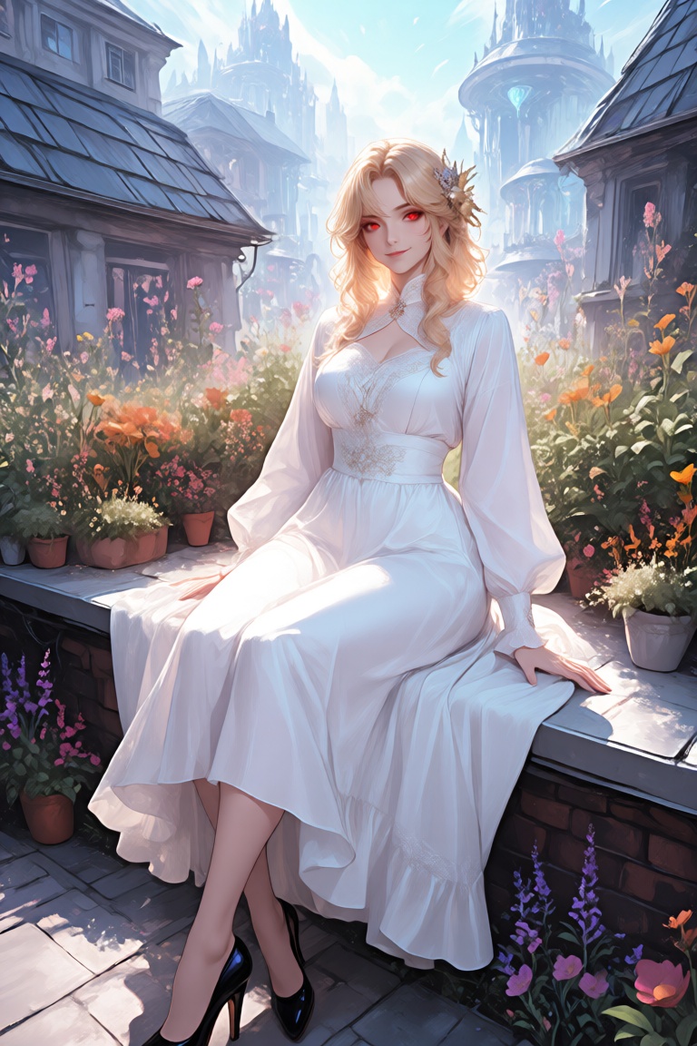 She is dressed in a white outfit adorned with colorful flowers,  adding to her ethereal appearance. The backdrop features...