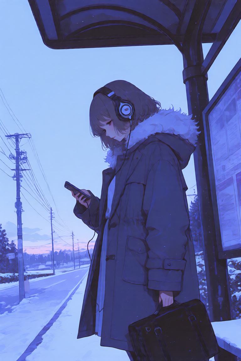 abstract style,  a digital illustration of a young woman standing at a bus stop,  looking at her phone while carrying a br...