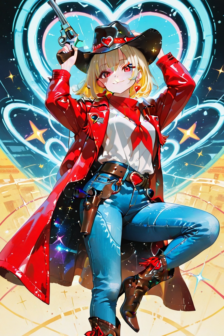 Popart 1girl solo looking at viewer smile short hair bangs blonde hair shirt red eyes long sleeves hat holding jewelry clo...