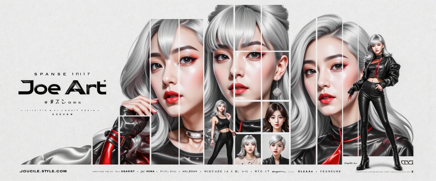 fxposter_style,  female elegant-femme with silver hair in futuristic fashion outfit,  close-up portrait with intense expre...