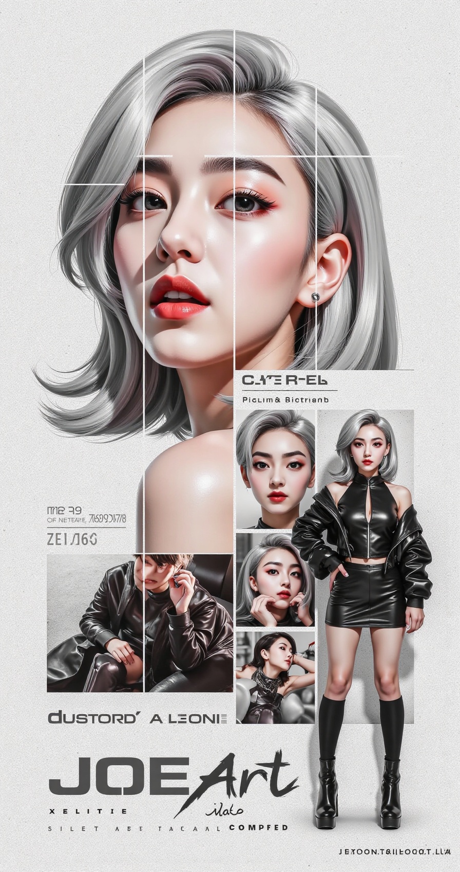fxposter_style,  female elegant-femme with silver hair in futuristic fashion outfit,  close-up portrait with intense expre...
