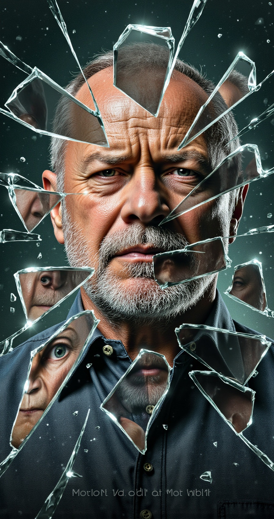 fxglassposter,  hyper realistic shattered glass movie poster,  close-up of strong older man with beard and serious express...