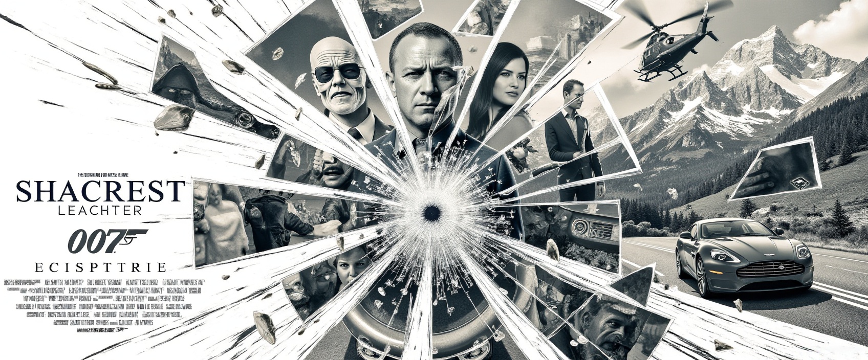 fxglassposter,  monochrome shattered glass poster,  James Bond style cinematic composition on Tensor.Art