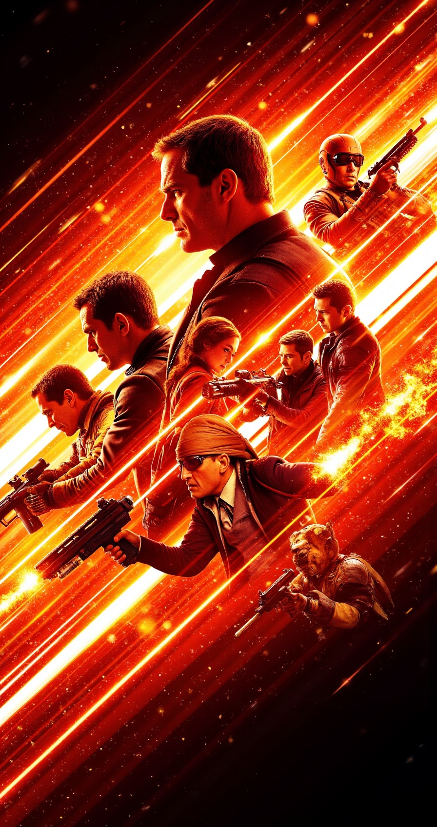 intense modern action poster,  diagonal motion streaks,  multiple characters with guns in combat on Tensor.Art