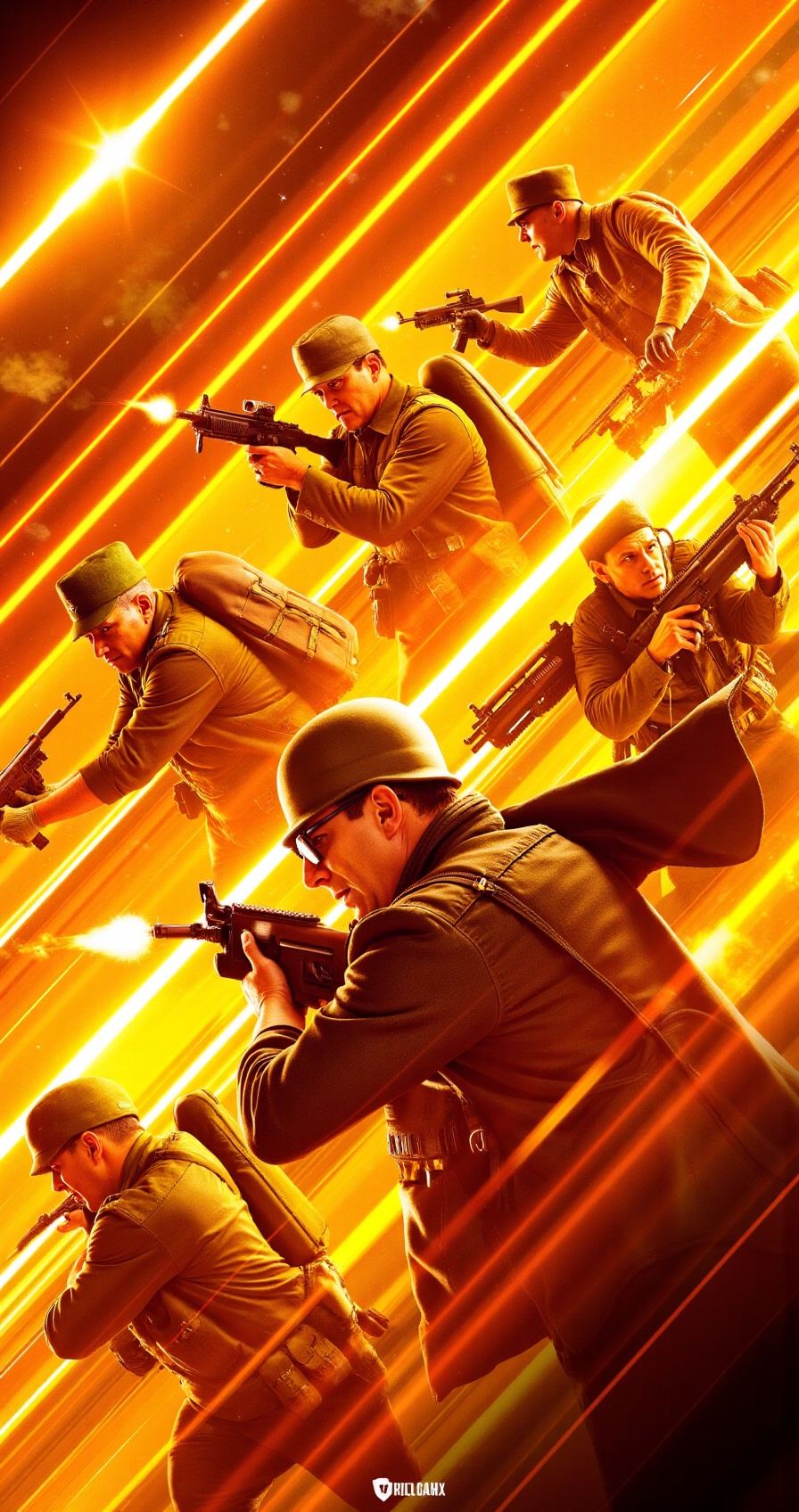epic war movie poster,  diagonal action composition,  soldiers in military uniforms firing weapons on Tensor.Art