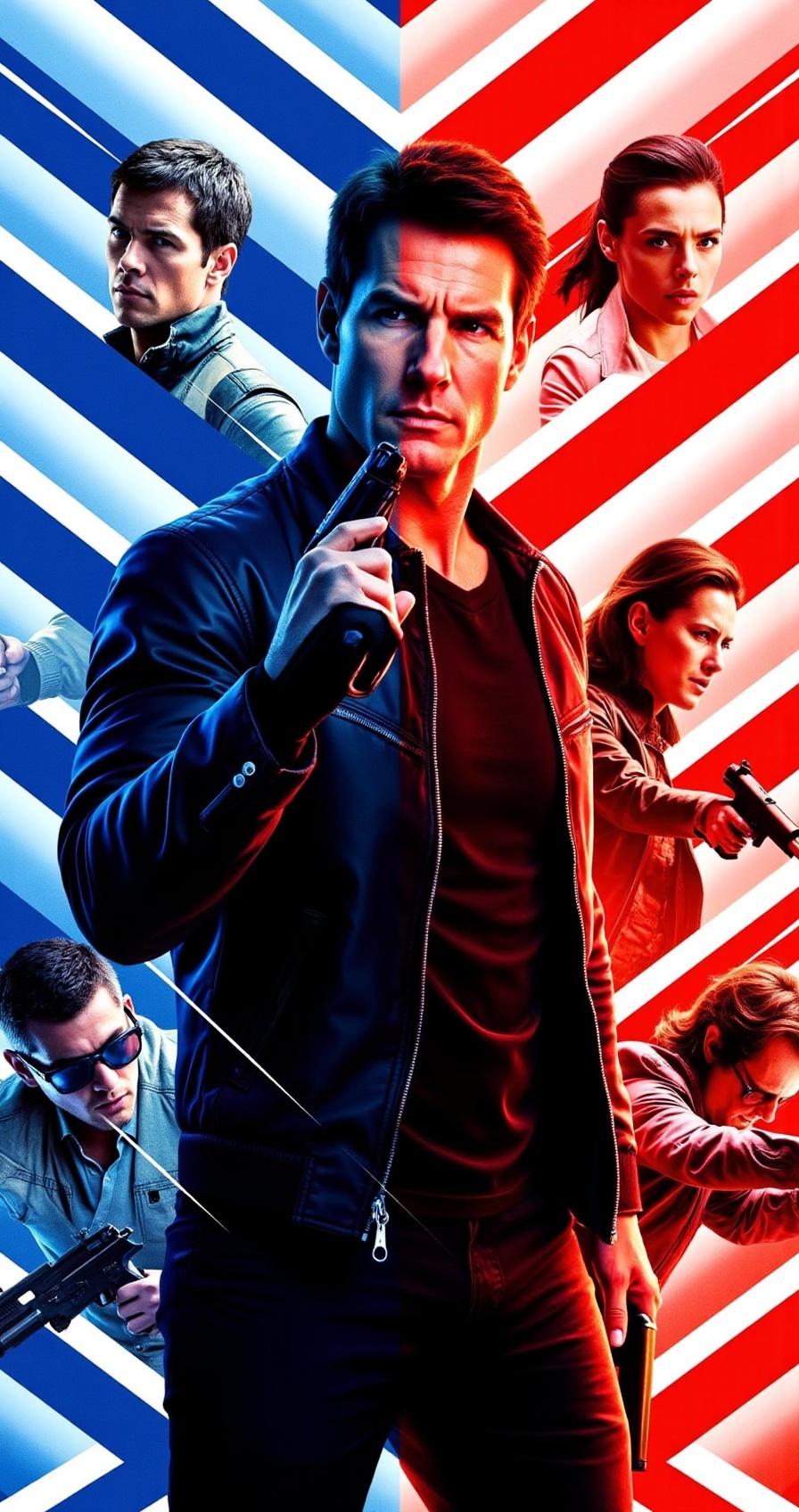 action spy poster,  diagonal design,  Tom Cruise style hero in center on Tensor.Art