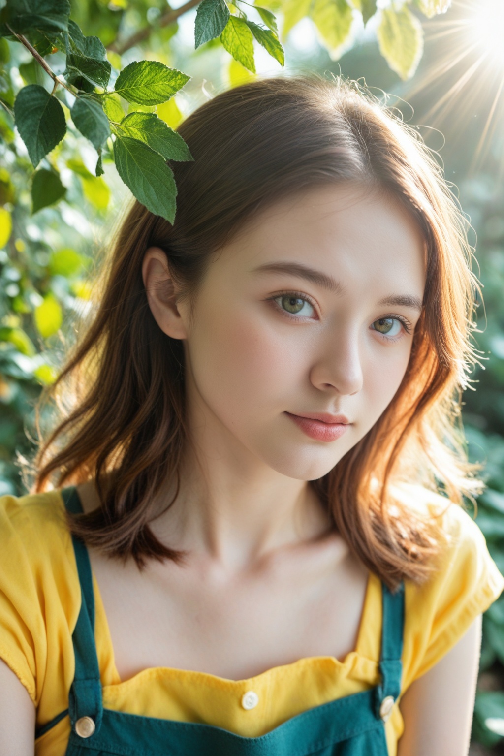 1girl,  The image shows a young woman with long,  wavy brown hair. She is wearing a green blouse with a collar and yellow...