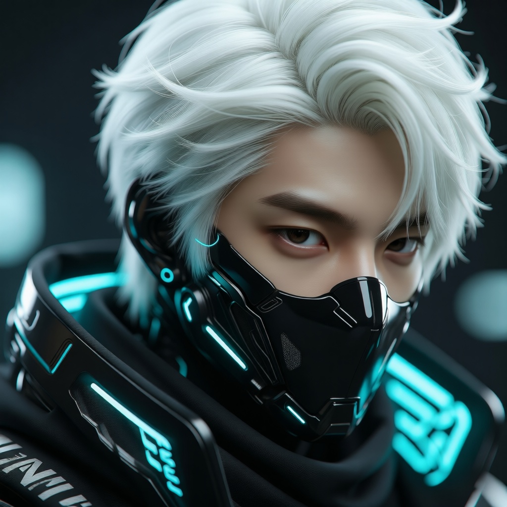 SPACE-TIME NINJA,  A cyberpunk robot Boy,  White hair on Tensor.Art