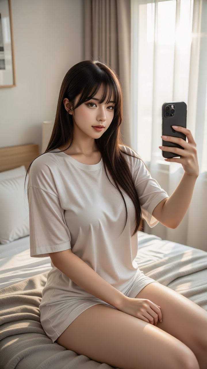 Ultra-realistic portrait,  young influencer girl taking selfie in her bedroom,  golden morning sunlight streaming through...