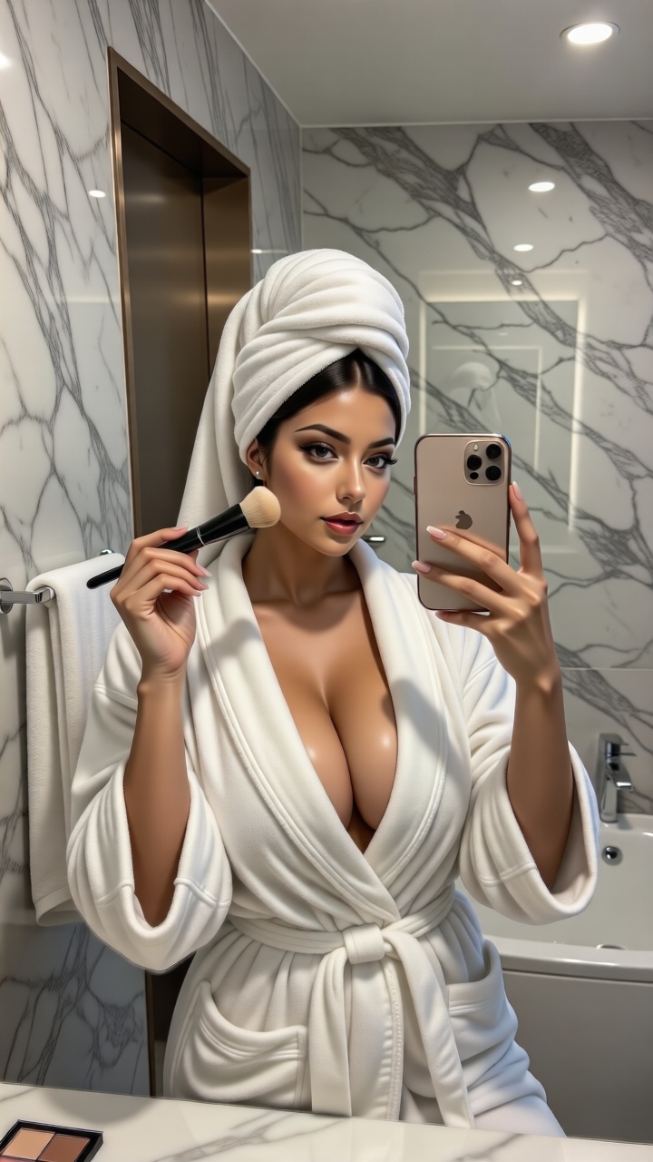 Realistic fashion portrait,  influencer woman taking selfie in bathroom mirror,  marble walls on Tensor.Art