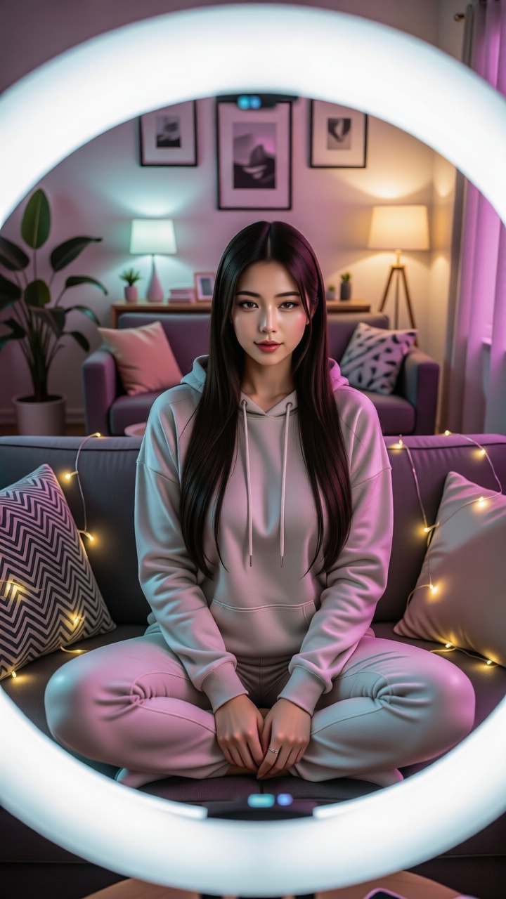 Ultra-detailed influencer selfie,  neon ring light glowing around her,  sitting on stylish sofa on Tensor.Art