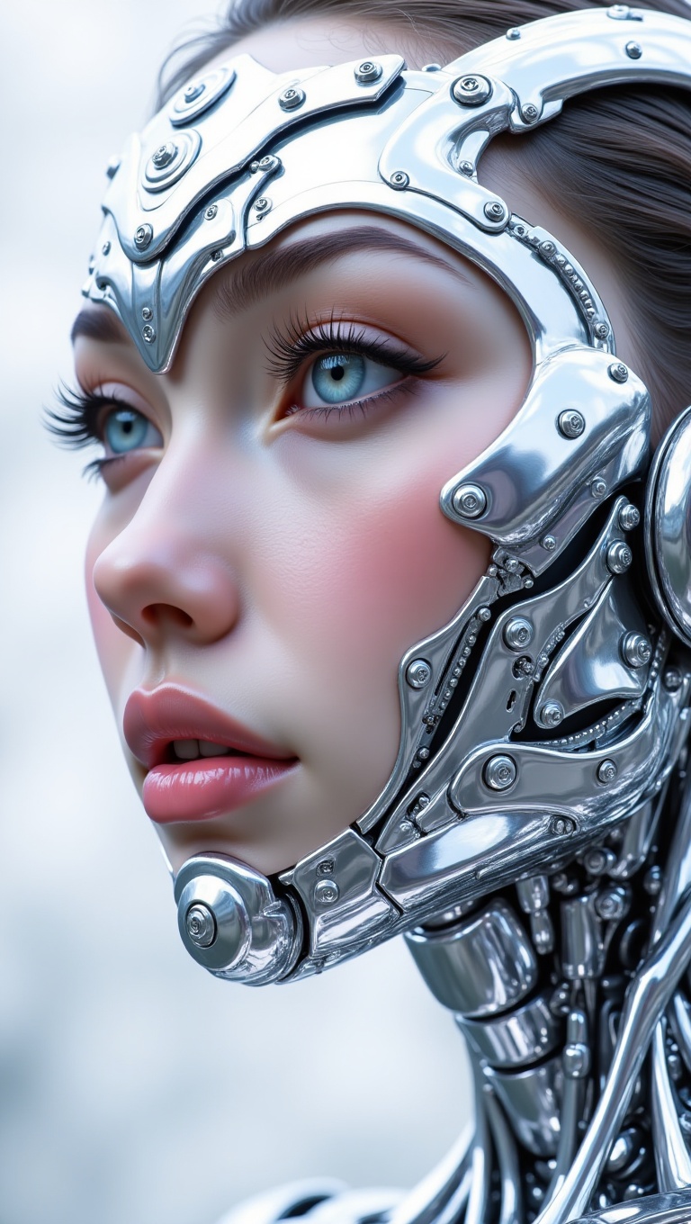 This image is a detailed,  close-up digital painting of a female cyborg. Her face,  a blend of human and mechanical elemen...