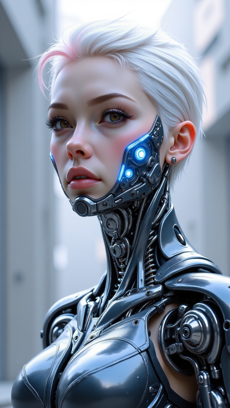 The provided image is a detailed,  stylized digital painting of a female cyborg,  or android on Tensor.Art