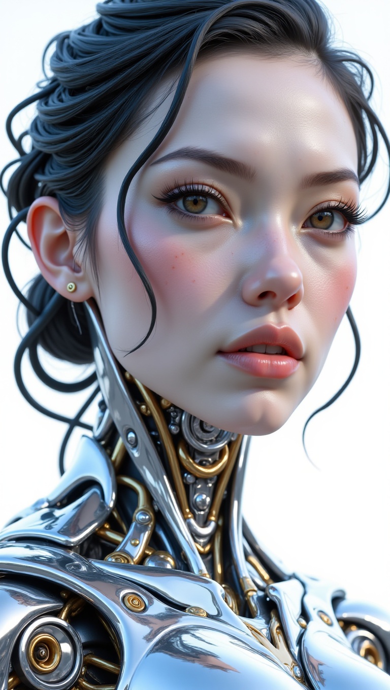 This image is a hyper-realistic digital painting,  focusing on a female subject with a striking blend of human and mechani...