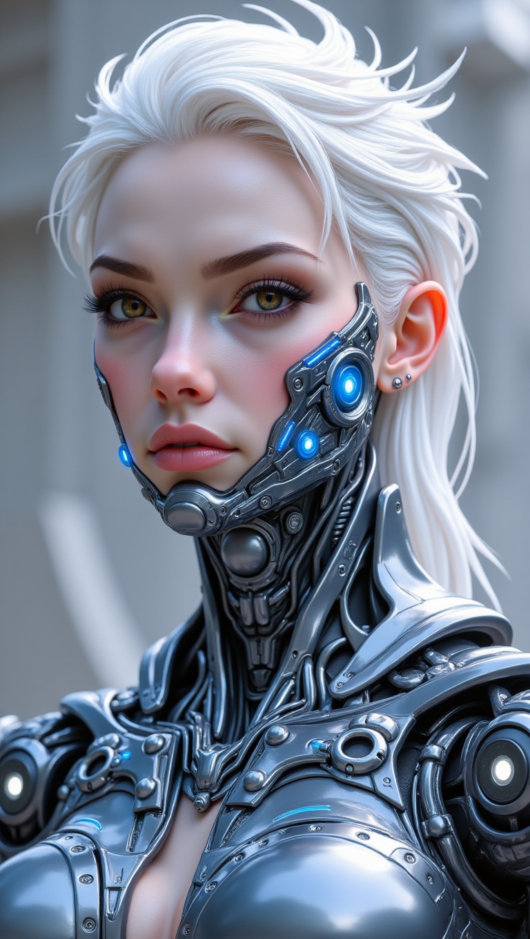 The provided image is a detailed,  stylized digital painting of a female cyborg,  or android on Tensor.Art