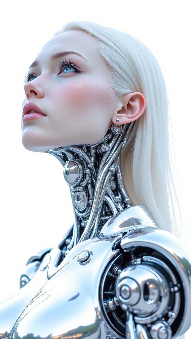 This is a stunning close-up digital painting of a female android. Her face is soft and human-like,  with pale skin,  high...
