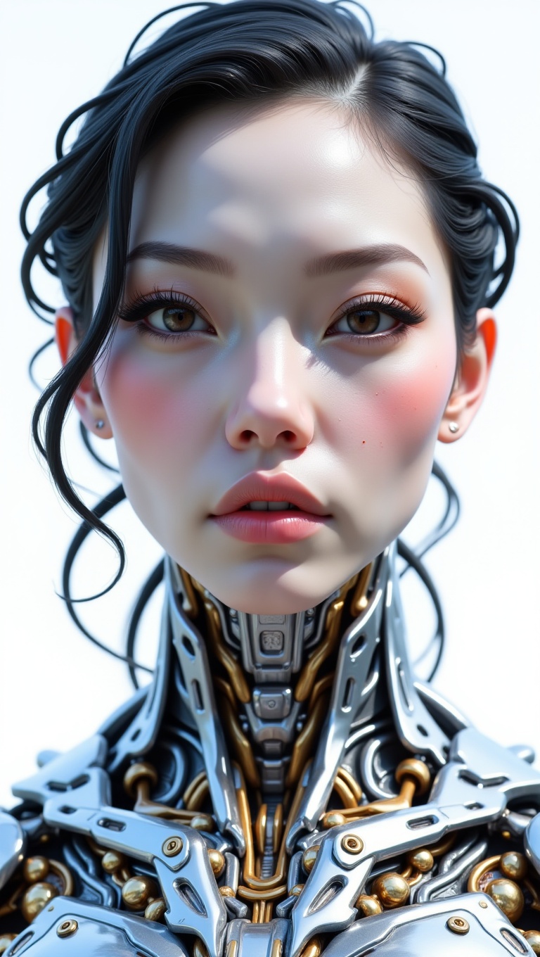 This image is a hyper-realistic digital painting,  focusing on a female subject with a striking blend of human and mechani...