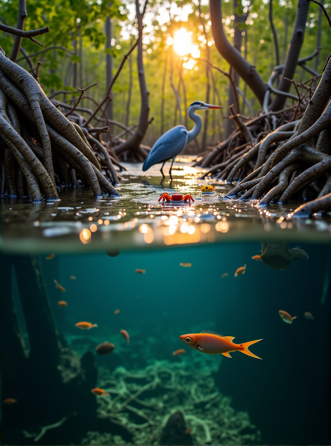 Detailed cinematic shot of a dense mangrove forest at low tide,  roots twisted and exposed like ancient skeletal fingers g...