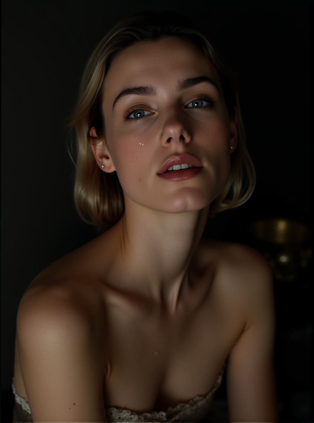 A photorealistic image of an ethereally beautiful young woman with flawless porcelain skin and piercing blue eyes,  posing...