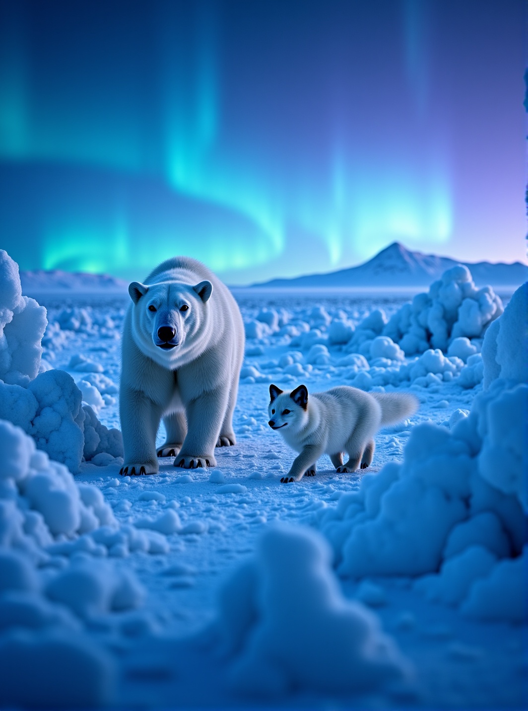 Cinematic panoramic shot of Arctic tundra at twilight,  vast snow-covered landscape with jagged ice ridges under vibrant a...