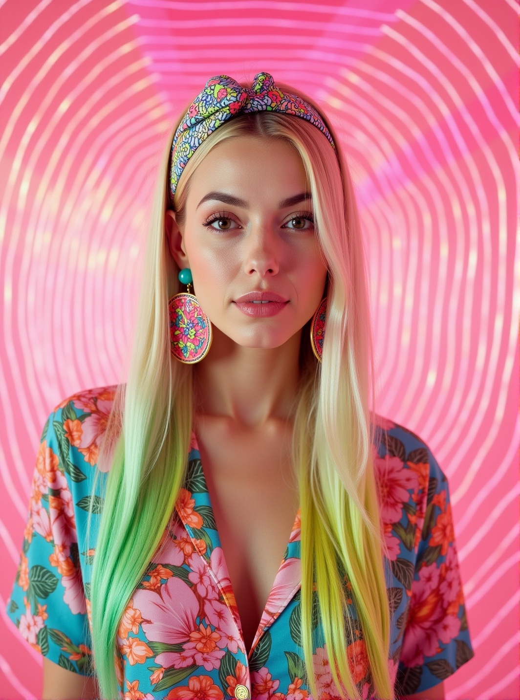 Ultra realistic 8K portrait with dramatic dolly zoom effect. Young woman with platinum blonde long straight hair,  vibrant...