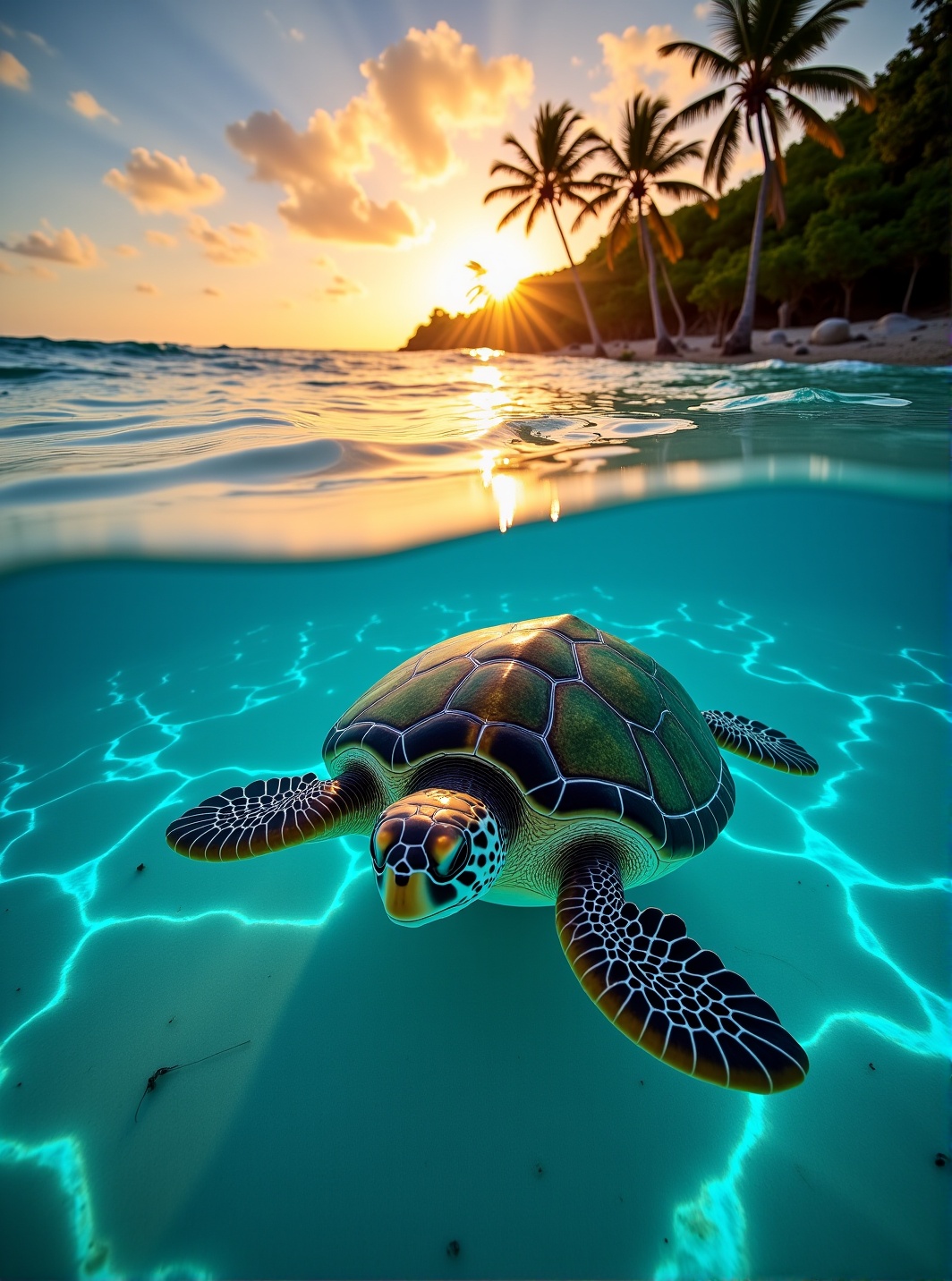 Low-angle dolly shot moving along secluded island shoreline,  golden hour lighting,  soft waves washing over sand with glo...