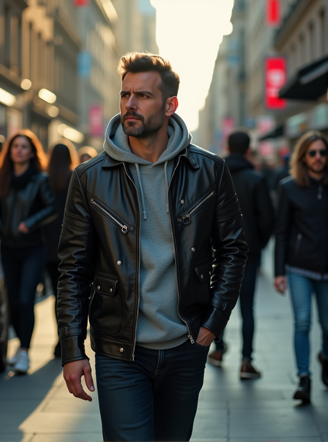 Street lifestyle shot,  middle-aged man in modern urban outfit (dark slim-fit jeans,  gray hoodie on Tensor.Art