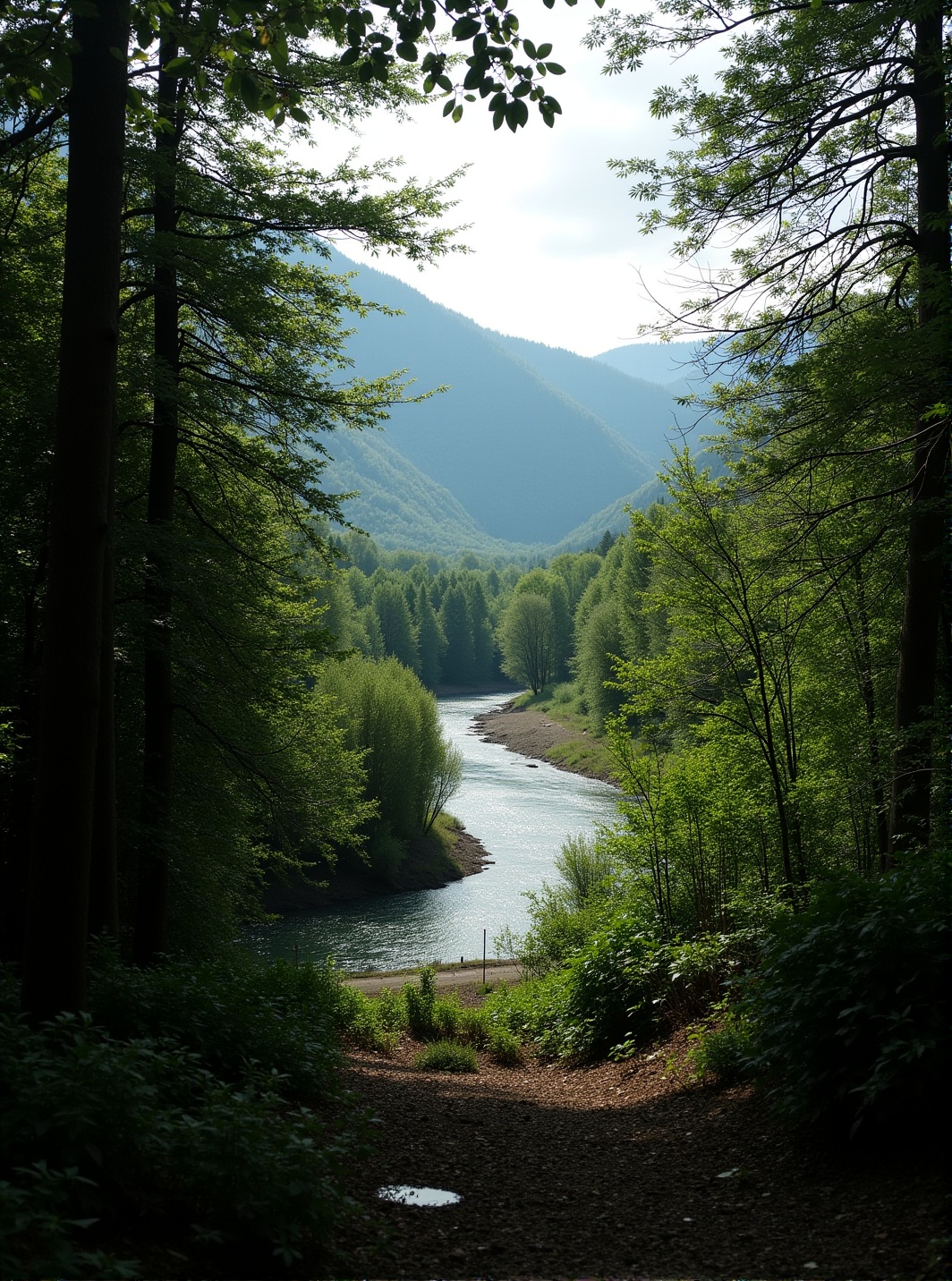 A serene landscape with a winding river in the foreground,  leading the eye towards a lush forest in the distance. Soft mo...