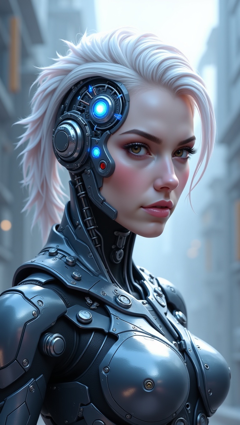 The provided image is a detailed,  stylized digital painting of a female cyborg,  or android on Tensor.Art