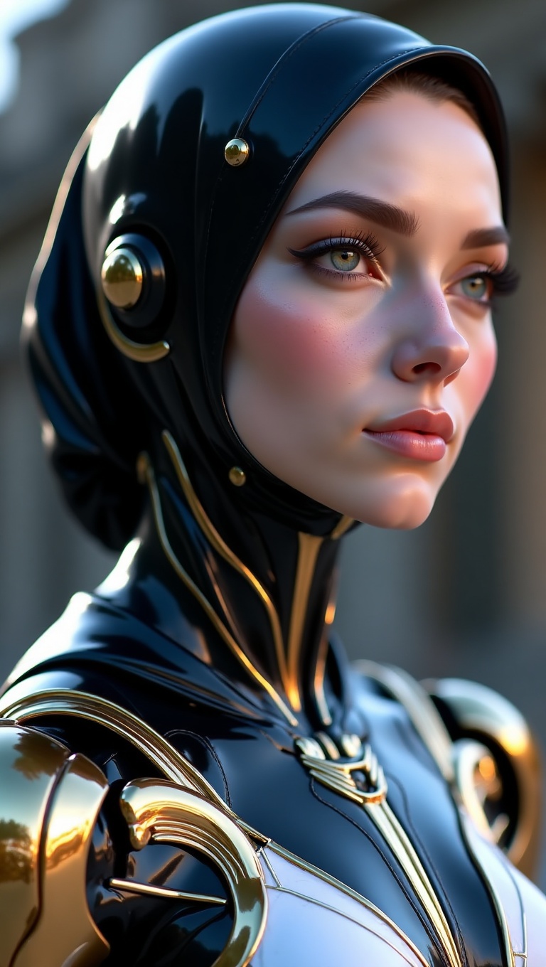A create an ultra-high-definition,  realistic image that captures a woman with fully hijab wearing a futuristic metallic s...