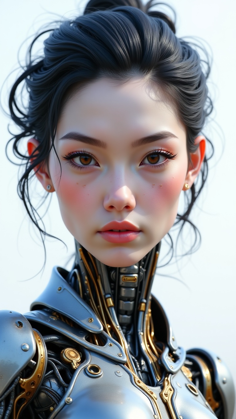 This image is a hyper-realistic digital painting,  focusing on a female subject with a striking blend of human and mechani...
