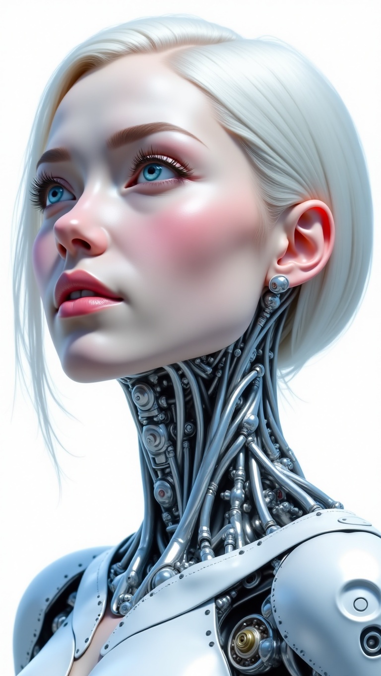 This is a stunning close-up digital painting of a female android. Her face is soft and human-like,  with pale skin,  high...