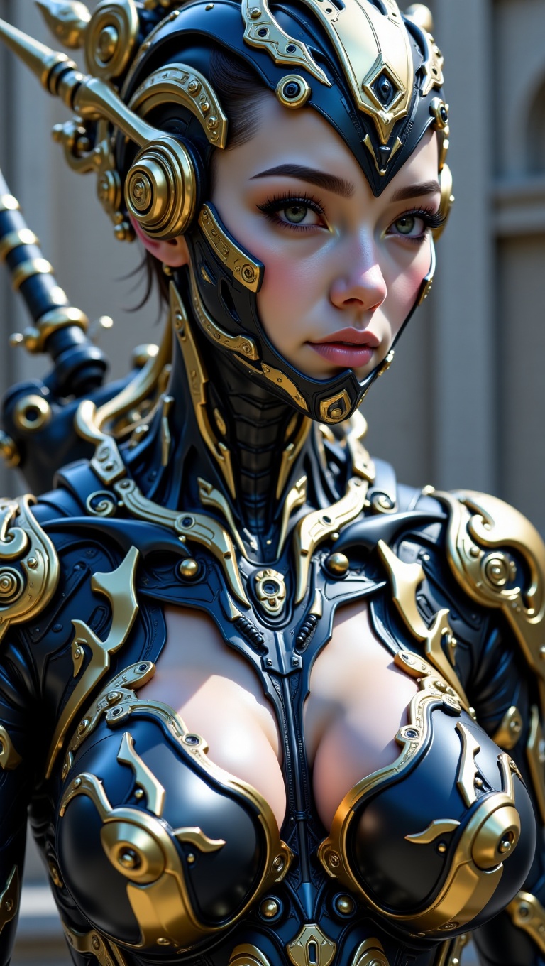 A close-up photograph of a futuristic female cyborg in black and gold armor,  holding a sword in a studio setting. Hyper D...
