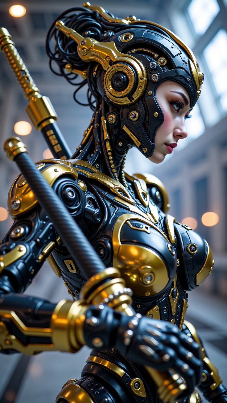 A close-up photograph of a futuristic female cyborg in black and gold armor,  holding a sword in a studio setting. Hyper D...