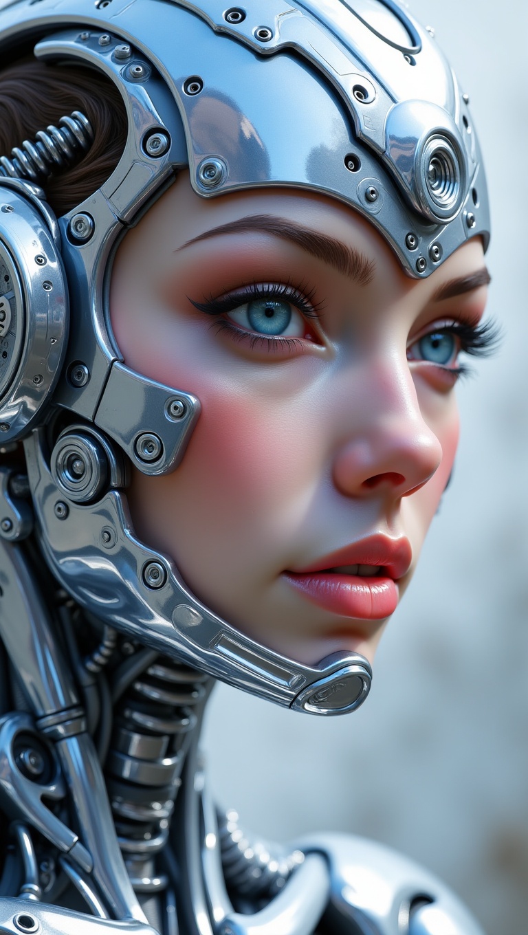 This image is a detailed,  close-up digital painting of a female cyborg. Her face,  a blend of human and mechanical elemen...