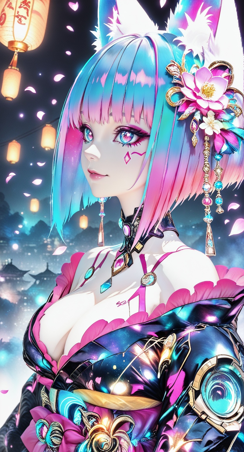 cyberpunk_geisha,  a stunning female figure with magenta hair styled in a sleek neon pink bob cut,  adorned with glowing h...