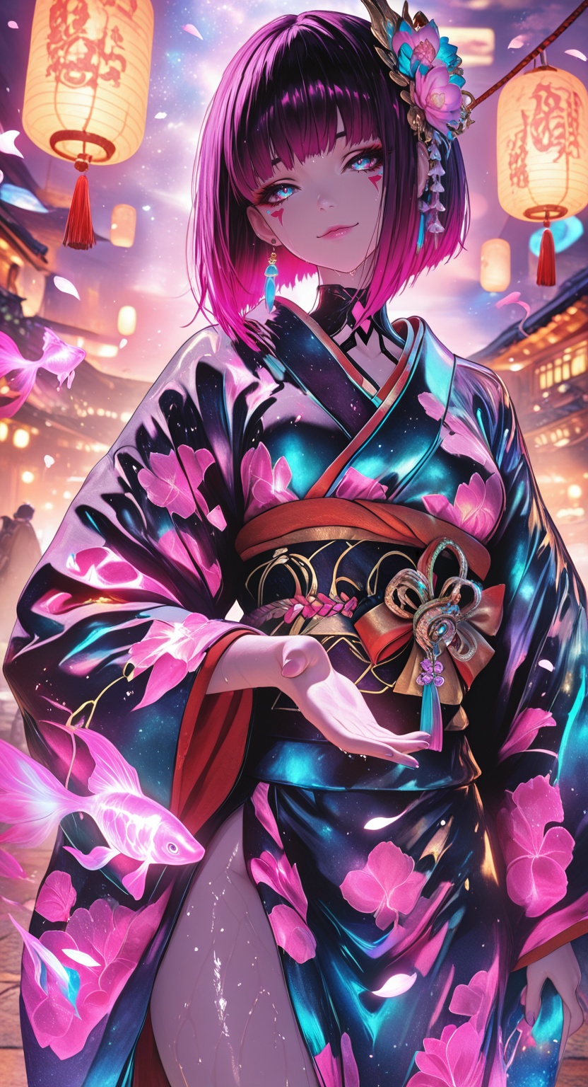cyberpunk_geisha,  a stunning female figure with magenta hair styled in a sleek neon pink bob cut,  adorned with glowing h...